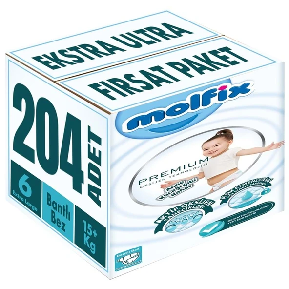 Molfix Premium Bebek Bezi Beden:6 (15+KG) Extra Large 204 Adet Ekstra Ultra Fırsat Pk ürün görseli 1