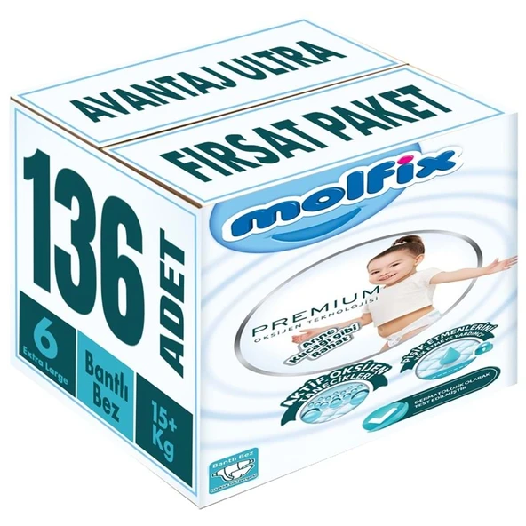 Molfix Premium Bebek Bezi Beden:6 (15+KG) Extra Large 136 Adet Avantaj Ultra Fırsat Pk ürün görseli 1