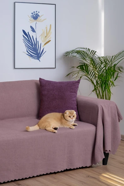 Mikrofiber Şönil Fitilli Minimalist Koltuk Örtüsü -175x300 cm Large, Çift Taraflı, Kaymaz, Terletmez Rose ürün görseli 1