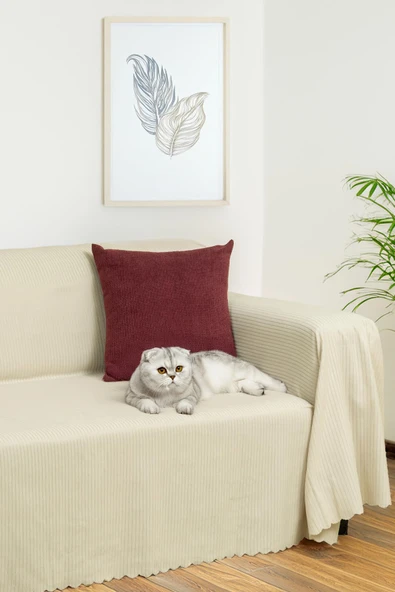 Mikrofiber Şönil Fitilli Minimalist Koltuk Örtüsü -175x350 cm XLarge, Çift Taraflı, Kaymaz, Terletmez Krem ürün görseli 1
