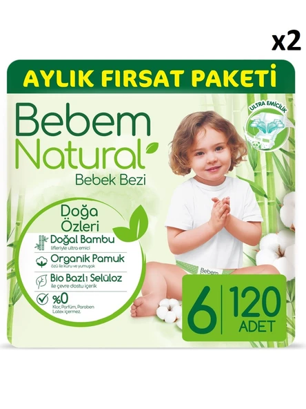 Bebem Natural 6 Numara Ekstra Large 240'lı Bebek Bezi ürün görseli 1
