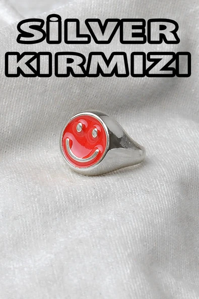 Gümüş  Kaplama Kırmızı Renkli Ayarlanabilir Gülen Yüz Surat Smile Yüzük - 2296 ürün görseli 1