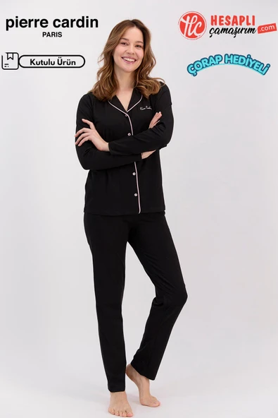 Pierre Cardin Paris Premium Seri Kadın Pamuklu Modal Rahat Kalıp Önden Düğmeli Kutulu Pijama Takım ürün görseli 1