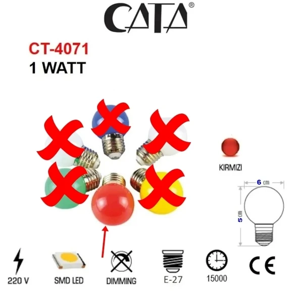 CATA 1w KIRMIZI Ledli Gece Lambası E-27 Duylu - Resim 2