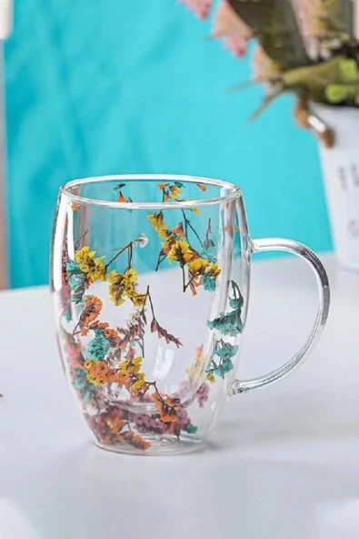 Özel Üretim Kurutulmuş Çiçekli Şık Dayanıklı Cam Kupa Bardak Hediyelik Kulplu Fincan 250 ml ürün görseli 1