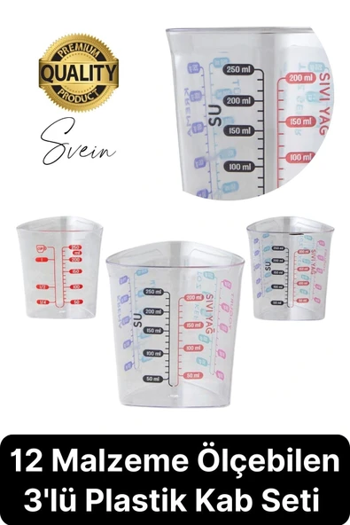Premium 3'lü Set Plastik Ölçü Kabı 12 Çeşit Malzeme Ölçme Şeffaf Mutfak Gereci Galeta Unu İrmik ürün görseli 1
