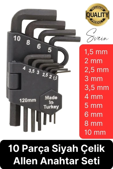 Premium 10 Parça Siyah Çelik 120 mm Allen Anahtar Seti Alyan Takımı Profesyonel Manuel Uzun Tamir ürün görseli 1