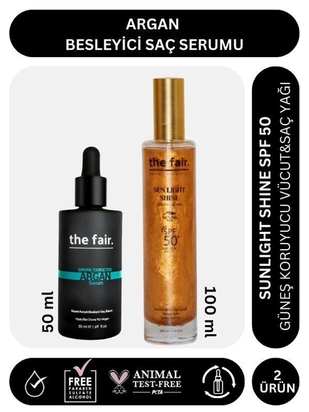 the fair. Argan Besleyici Saç Serumu 50 ml ve  Sunlight Shine SPF 50 Güneş Koruyucu Saç Yağı 100 ml ürün görseli 1