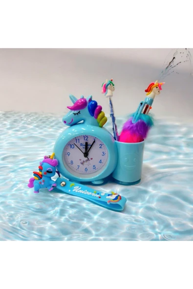 UNİCORN kalemlikli masa saati-UNİCORN tüylü kalem ve yumurtlayan kalem-unicorn anahtarlık seti ürün görseli 1