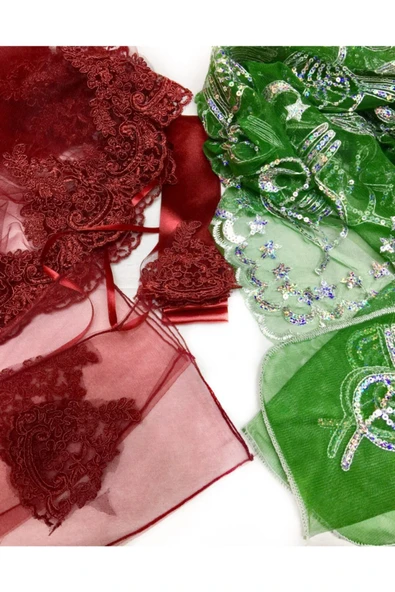 Sermet Süs Dünyası Gelin+damat Yüz Örtüsü Duvak Kına Alı Bordo Gelin Yeşil Damat Kına Örtüsü+eldiven+kuşak ürün görseli 1