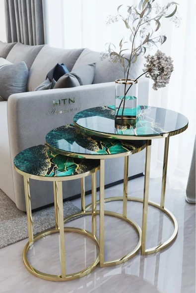 ECOL DESİNGS Ecol Gold Metal Zigon Sehpa Yeşil Şimsek Siyah 'kırılmaz Cam' ürün görseli 1