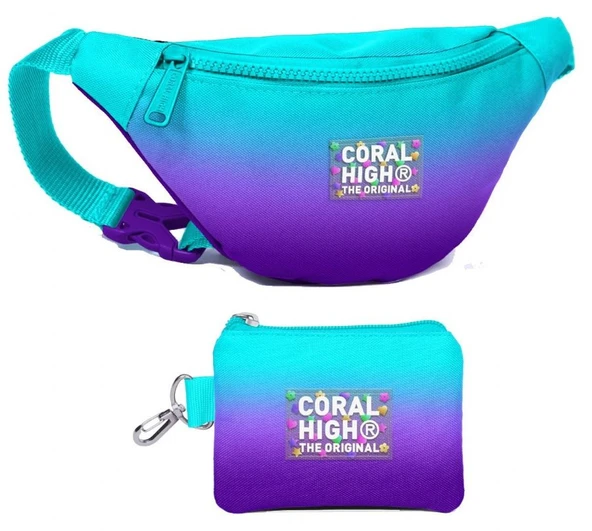 Coral High Erkek Çocuk Turkuaz Mor Renk Geçişli Desenli Bel Çantası ve Bozuk Para Cüzdanı Set ürün görseli 1