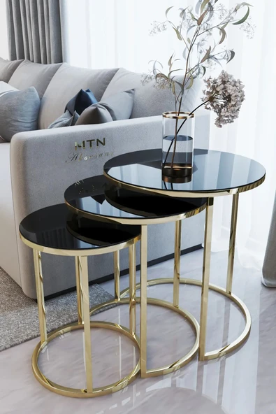 ECOL DESİNGS Ecol Gold Metal Zigon Sehpa Siyah Kırılmaz Cam ürün görseli 1
