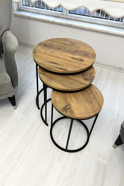 MLN HOME Üçlü Zigon Sehpa Takımı, Zigon Sehpa Seti, Ceviz Rengi Üçlü Sehpa ürün görseli 1