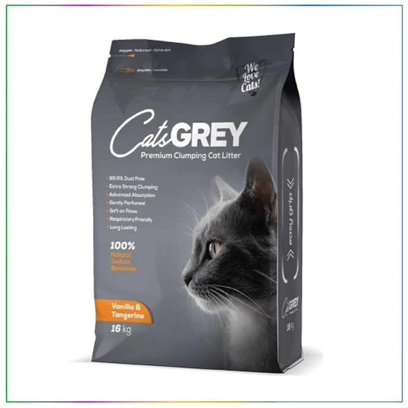 Cat's Grey Vanilya ve Mandalina Kokulu Tozsuz Topaklanan İnce Taneli Bentonit Kedi Kumu 16kg ürün görseli 1