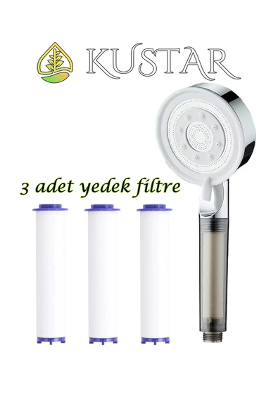 KUSTAR 5 Fonksiyonlu 3 Adet Yedek Filtreli Krom Çelik Banyo Duş Başlığı Su Tasarruflu Tazyikli Kireç Önler ürün görseli 1