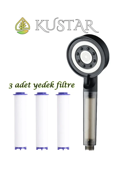 KUSTAR 5 Fonksiyonlu 3 Adet Yedek Filtreli Siyah Çelik Banyo Duş Başlığı Su Tasarruflu Tazyikli Kireç Önler ürün görseli 1