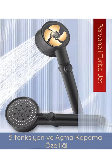 KUSTAR 5 Fonksiyonlu Turbo Jet Pervaneli Duş Başlığı Aç-kapa Butonlu Siyah ürün görseli 1