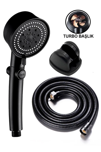 KUSTAR 3'lü Set Siyah 5 Fonksiyonlu Turbo Jet Pervaneli Duş Başlığı Örgülü Hortum Ve Askı ürün görseli 1