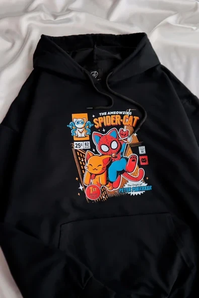 Siyah Kapüşonlu Spider - Cat Sweatshirt ürün görseli 1