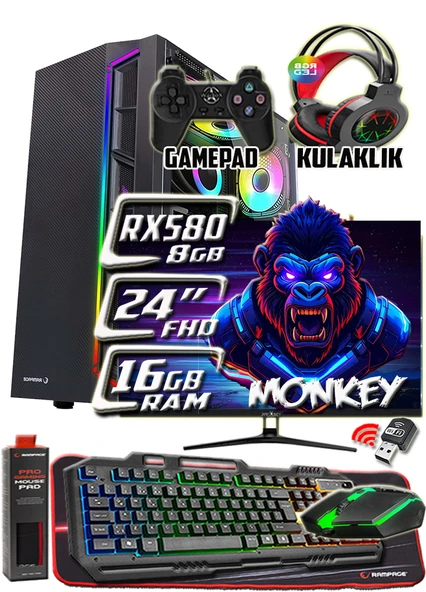 WarboX MONKEY Xeon X5650 16gb Ram 256gb Ssd 250gb Hdd RX580 DDR5 8GB E.Kartı 24" Monitör Gaming PC ürün görseli 1