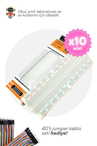 10'lu Paket 830 Pin Büyük Boy Breadboard - Okul ve Sınıflar için MEB Uyumlu ürün görseli 1