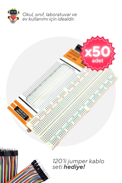 50'li Paket 830 Pin Büyük Boy Breadboard - Okul ve Sınıflar için MEB Uyumlu ürün görseli 1