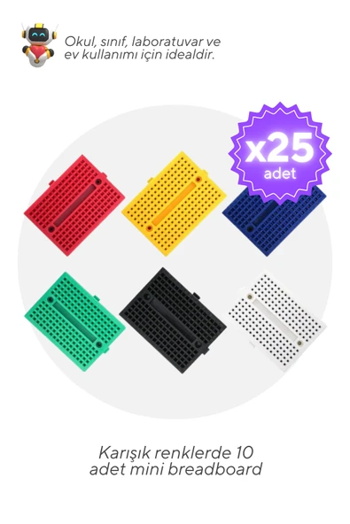 25'li Paket 170 Pin Mini Breadboard Karışık Renklerde - Okul ve Sınıflar için MEB Uyumlu ürün görseli 1