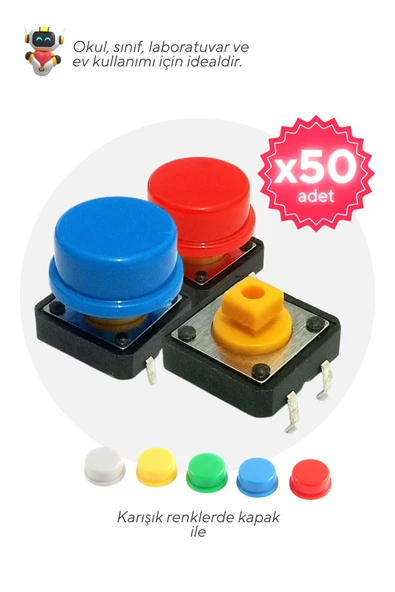 50'li Paket 12mm Push Button ve Kapağı, Farklı Renklerde - Okul ve Sınıflar için MEB Uyumlu ürün görseli 1