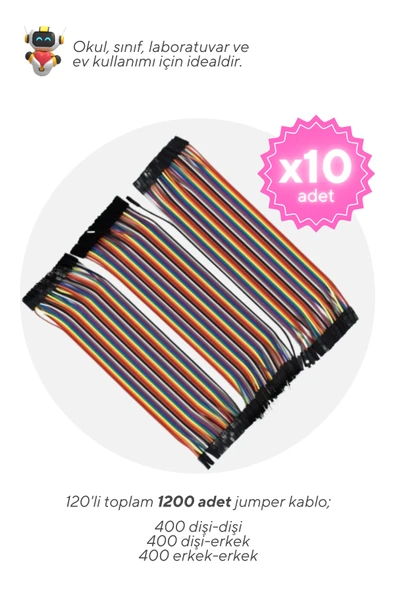 1200 Adet 20cm Jumper Kablo Seti (Dişi-Dişi, Erkek-Erkek ve Dişi-Erkek) - Okul ve Sınıflar için MEB Uyumlu ürün görseli 1