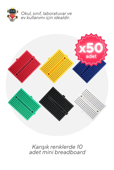 50'li Paket 170 Pin Mini Breadboard Karışık Renklerde - Okul ve Sınıflar için MEB Uyumlu ürün görseli 1
