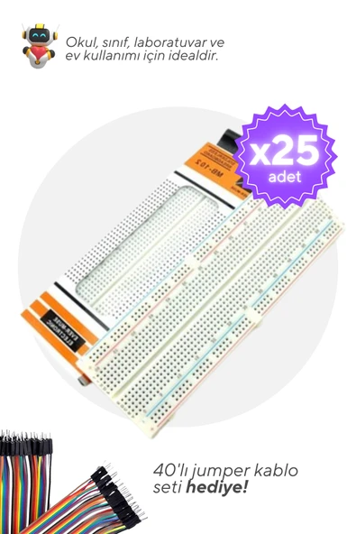 25'li Paket 830 Pin Büyük Boy Breadboard - Okul ve Sınıflar için MEB Uyumlu ürün görseli 1