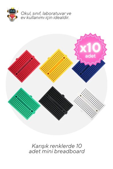 10'lu Paket 170 Pin Mini Breadboard Karışık Renklerde - Okul ve Sınıflar için MEB Uyumlu ürün görseli 1