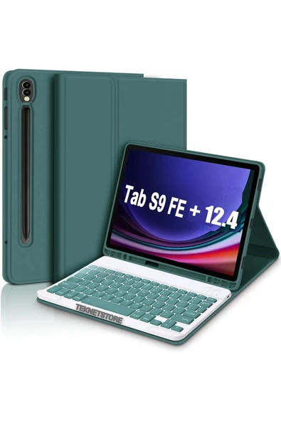 Samsung Galaxy Tab S9 Fe Plus 12.4" Q Türkçe Klavyeli Kılıf Kalem Bölmeli Bluetooth Özellikli Stand   KOYU YEŞİL ürün görseli 1