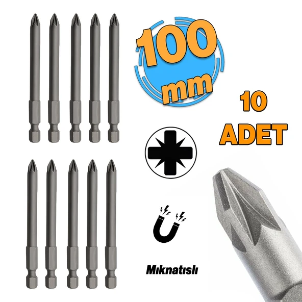 Mıknatıslı Pozidriv Bits Uç PZ2 100 mm 10'lu Set Kutulu Manyetik 1/4" Matkap Ucu 10 cm ürün görseli 1
