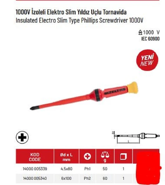 İZELTAŞ İZOLELİ ELEKTROSLİM YILDIZ UÇLU TORNAVİDA PH1 4,5x80 1000V ürün görseli 1