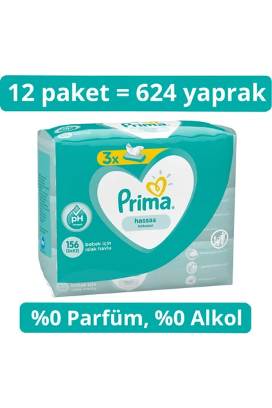 Prima Islak Havlu Hassas Ciltler Için Kokusuz 12'li 624 Yaprak ürün görseli 1