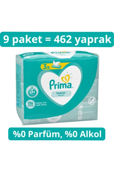 Prima Islak Havlu Hassas Ciltler Için Kokusuz 9'lu 462 Yaprak ürün görseli 1
