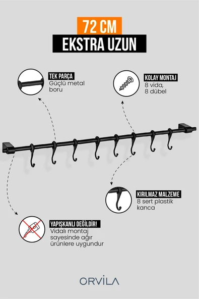 Orvila Orvila Siyah Metal Mutfak Ve Banyo Askısı Çok Amaçlı 8 Kancalı Askı Demiri Maxi 72 Cm ürün görseli 1