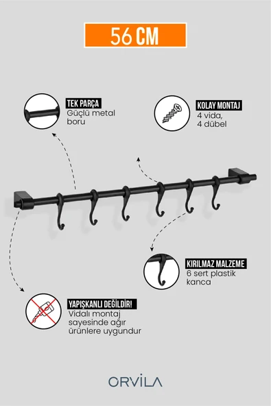 Orvila Orvila Siyah Metal Mutfak Ve Banyo Askısı 6 Kancalı Askı Demiri 56 Cm Çubuk ürün görseli 1