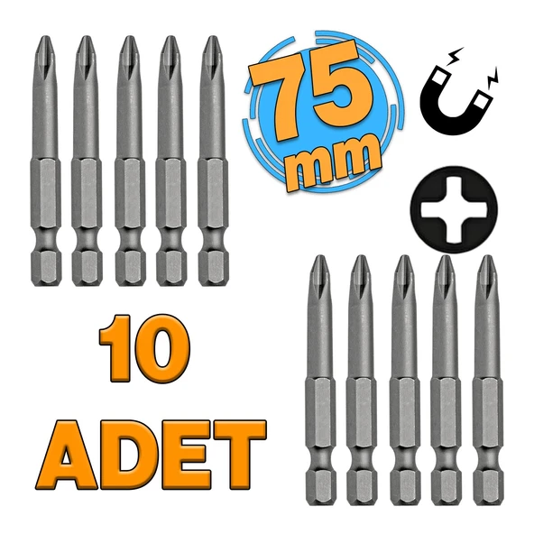 Mıknatıslı Yıldız PH2 Bits Uç 75 mm 10'lu Set Kutulu Manyetik 1/4" Matkap Ucu 7.5 cm Uzunluk ürün görseli 1