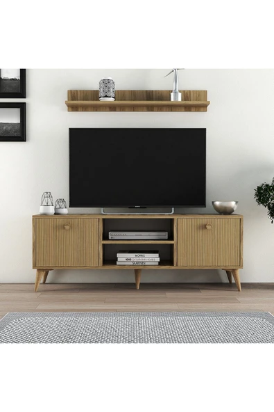 Ferniso Mobilya 138 Cm Tv Ünitesi Alba Çizgili Kapak  (Raflı) ürün görseli 1