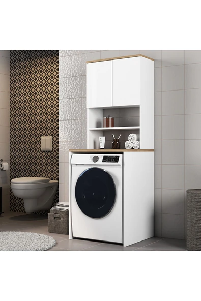 Ferniso Mobilya Çamaşır Makinesi Dolabı Kapaklı Banyo Dolabı Alt Üst Takım Beyaz ürün görseli 1