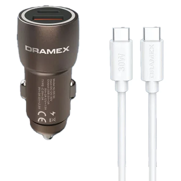 Dramex DC30T 3.1A 30W PD Q.C. 3.0 1mt Type-C - Type-C Kablolu 1xType-C + 1xUSB-A Port Çıkışlı Hızlı Araç Şarj Cihazı - Kahverengi ürün görseli 1