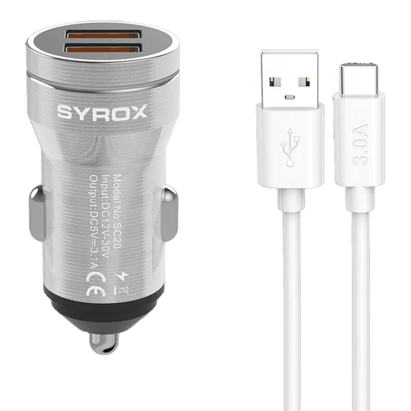 Syrox SC20T 3.1A Q.C. 3.0 1mt USB-A - Type-C Kablolu 2xUSB-A Port Çıkışlı Hızlı Araç Şarj Cihazı - Gri ürün görseli 1