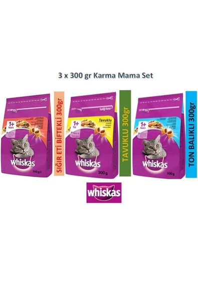 Whiskas 300gr X 3'lü Dana-tavuk-ton Balık Kedi Mama Set ürün görseli 1
