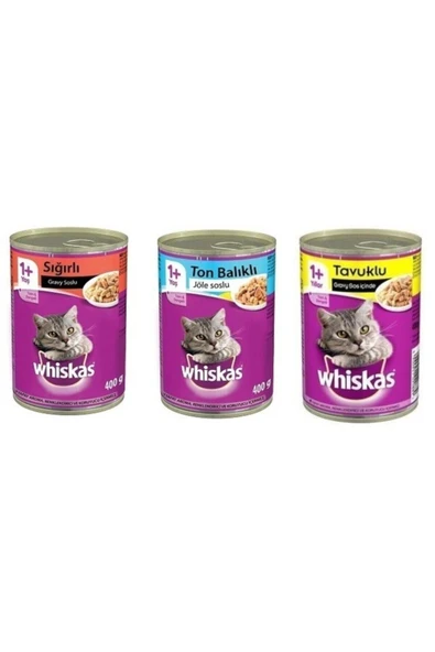 Whiskas Tavuklu Ton Balıklı Sığır Etli Yaş Kedi Maması Konserve 400 Gr X 3 Adet ürün görseli 1