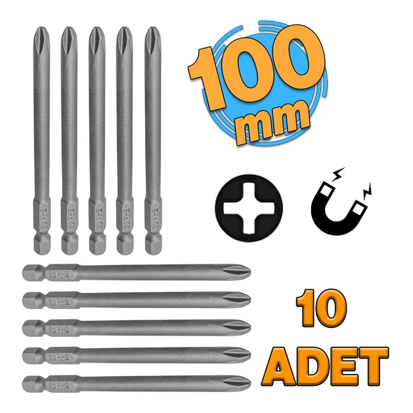 Mıknatıslı Yıldız PH2 Bits Uç 100 mm 10'lu Set Kutulu Manyetik 1/4" Matkap Ucu 10 cm Uzunluk ürün görseli 1