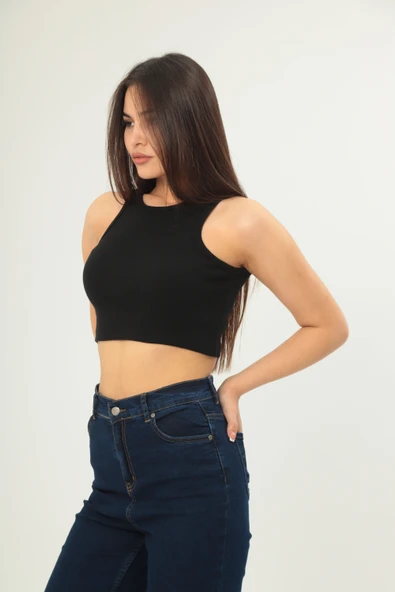 Fitilli Görünümlü Askılı Kalın Esnek Örme basıc crop - Resim 2