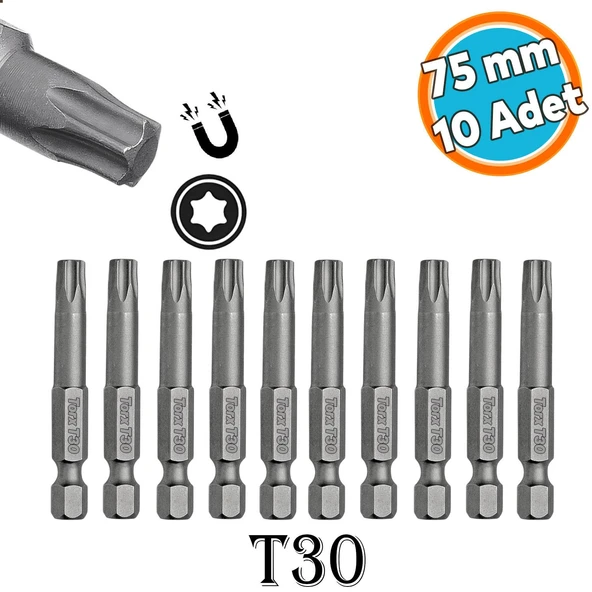 Bits Uç Mıknatıslı Torx T30 75 mm 10'lu Set Kutulu Manyetik 1/4" Matkap Ucu Tork 7.5 cm Uzunluk ürün görseli 1